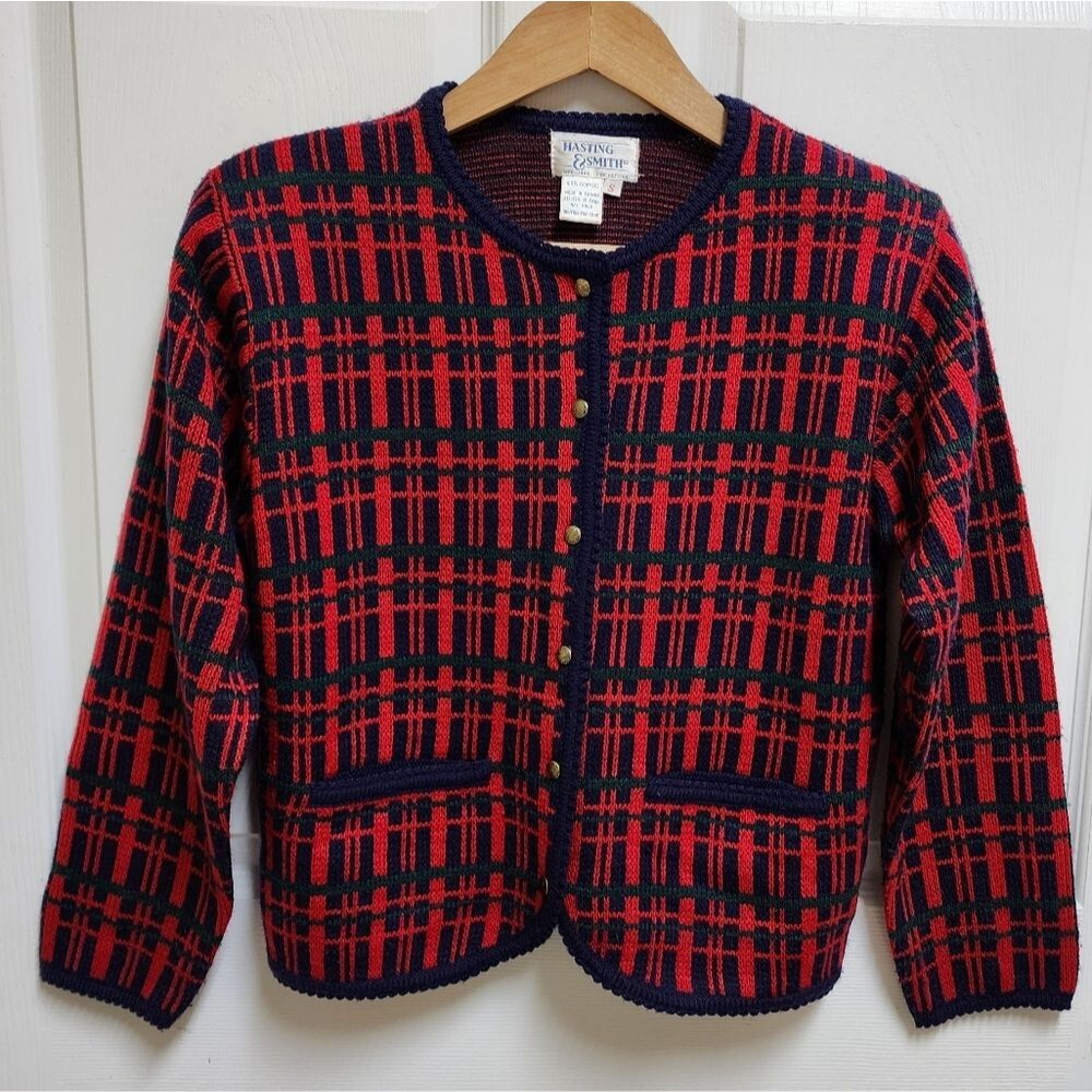 Hasting & Smith Women Petite S Red Plaid Knit Button Cardigan Blazer Preppy Vtg